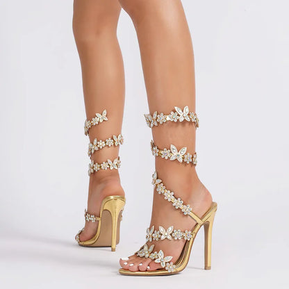 Bling Luxury Crystal Butterfly Flowers Decor Women Gladiator Sandals Fashion Summer High Heels Wedding Banquet Shoes Sandalias