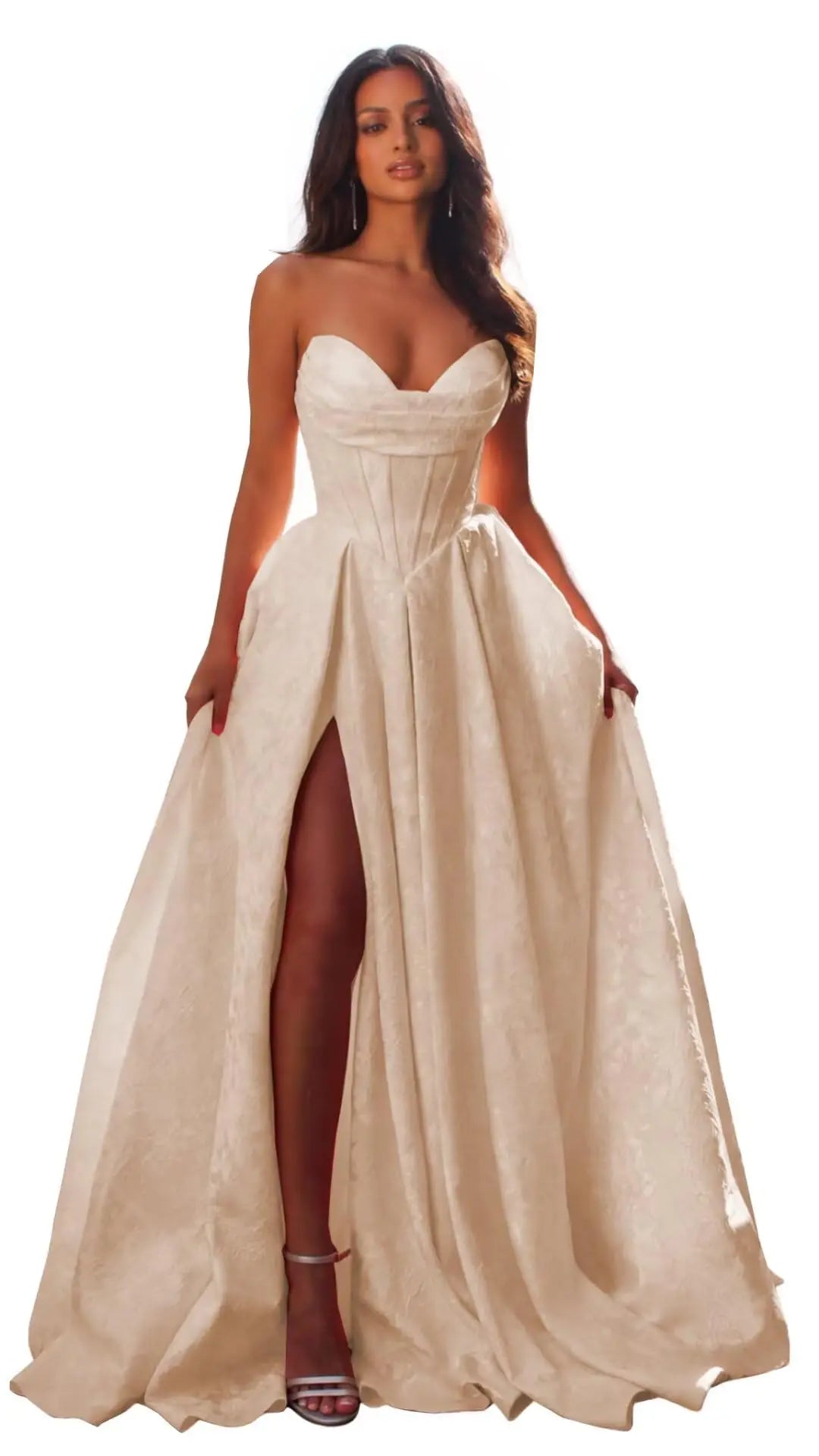 Jacquard Satin Prom Dresses with Slit Strapless Corset A Line Long Formal Gowns Party Evening Gown Formal Dress Women Elegant