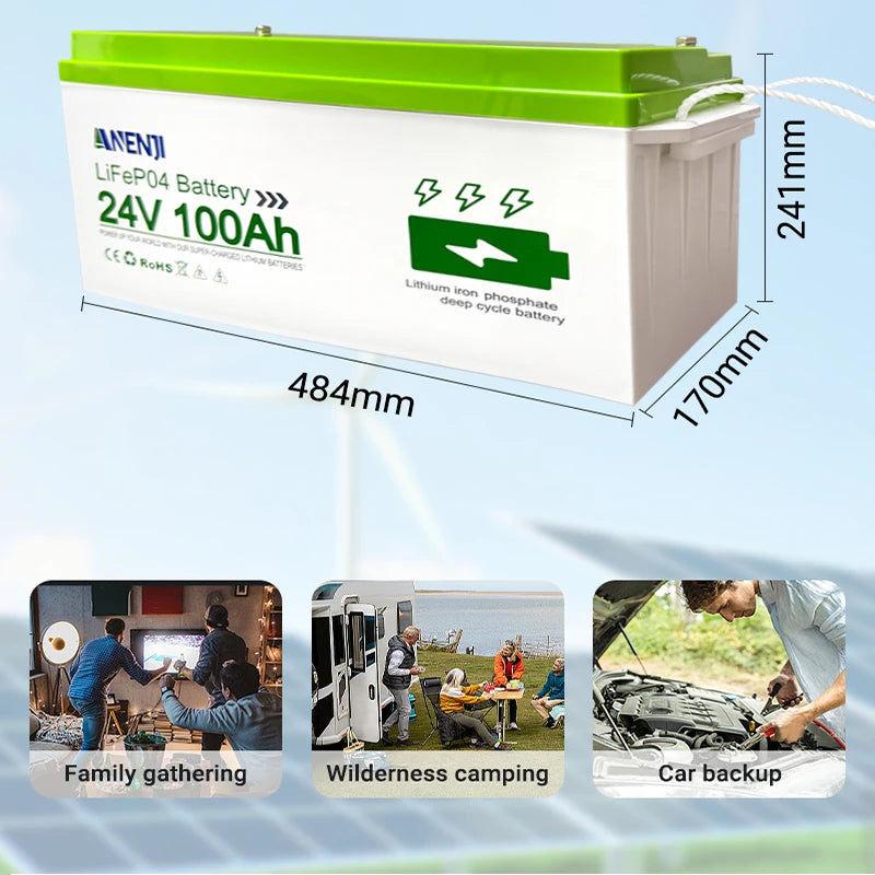 ANENJI LiFePo4 Battery 24V 100AH 25.6V 12V 100AH 1.256KWH 2.56KWH Grade A Cells Lithium Iron Phosphate Battery BMS 6000+ Cycle for Golf Cart
