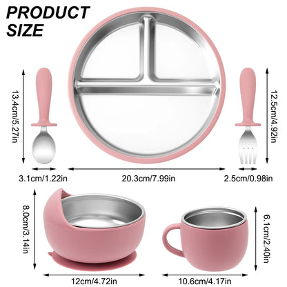 Color Kids 5PCS Baby Feeding Set Stainless Steel Silicone Tableware Sucker Dishes Plate Bowl Training Fork Spoon Infant Cup
