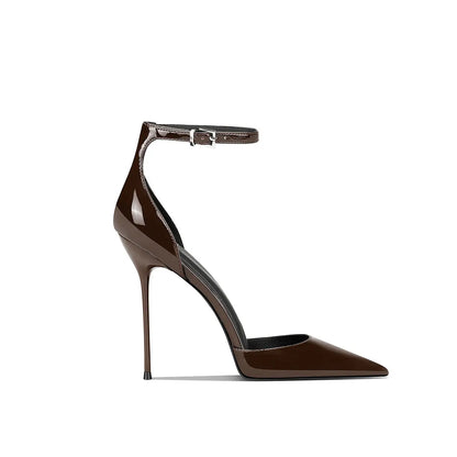 Wine Red Patent Leather High-Heeled Shoes for Women, New Style with Thin Heels and Pointed Toe, Straight Buckle Toe Shoes 33-46