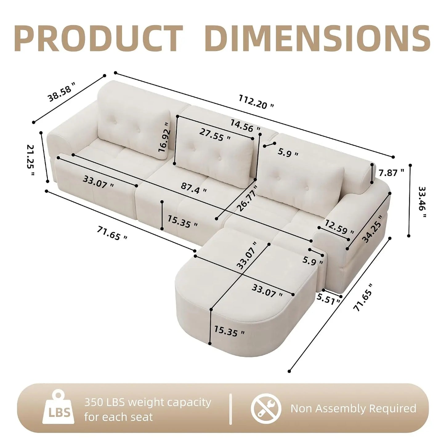 110" Boneless Chenille Cloud Sofa with Chaise, 4 Seater L-Shaped Modular Sectional for Living Room, Beige-White, Customized