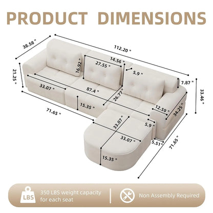110" Boneless Chenille Cloud Sofa with Chaise, 4 Seater L-Shaped Modular Sectional for Living Room, Beige-White, Customized