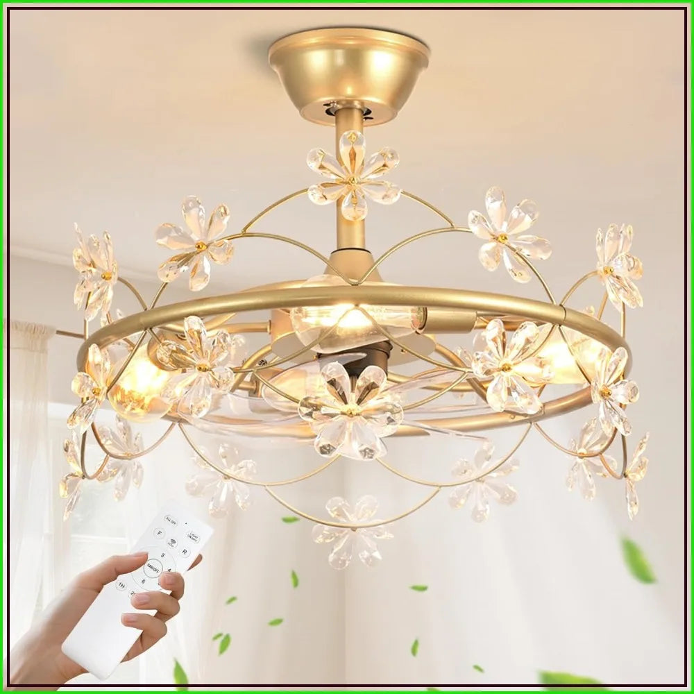 20" Gold Chandelier Ceiling Fan with Lights and Remote Control - Modern Flower Fandelier for Bedroom Living Room Kitchen