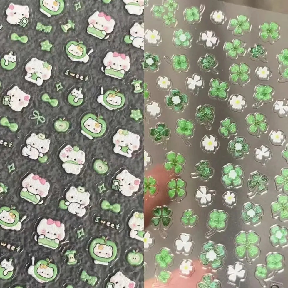 Cute Green Apple Kitten Four-leaf Clover Embossed Stickers for Lighters, Water Cups, Phone Cases DIY Decoration, Nail Stickers