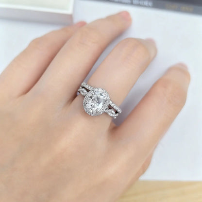 Newshe Women's D VVS1 Full Moissanite Engagement Ring Set 925 Sterling Silver Halo Oval Cut Bridal Wedding Rings Fine Jewelry