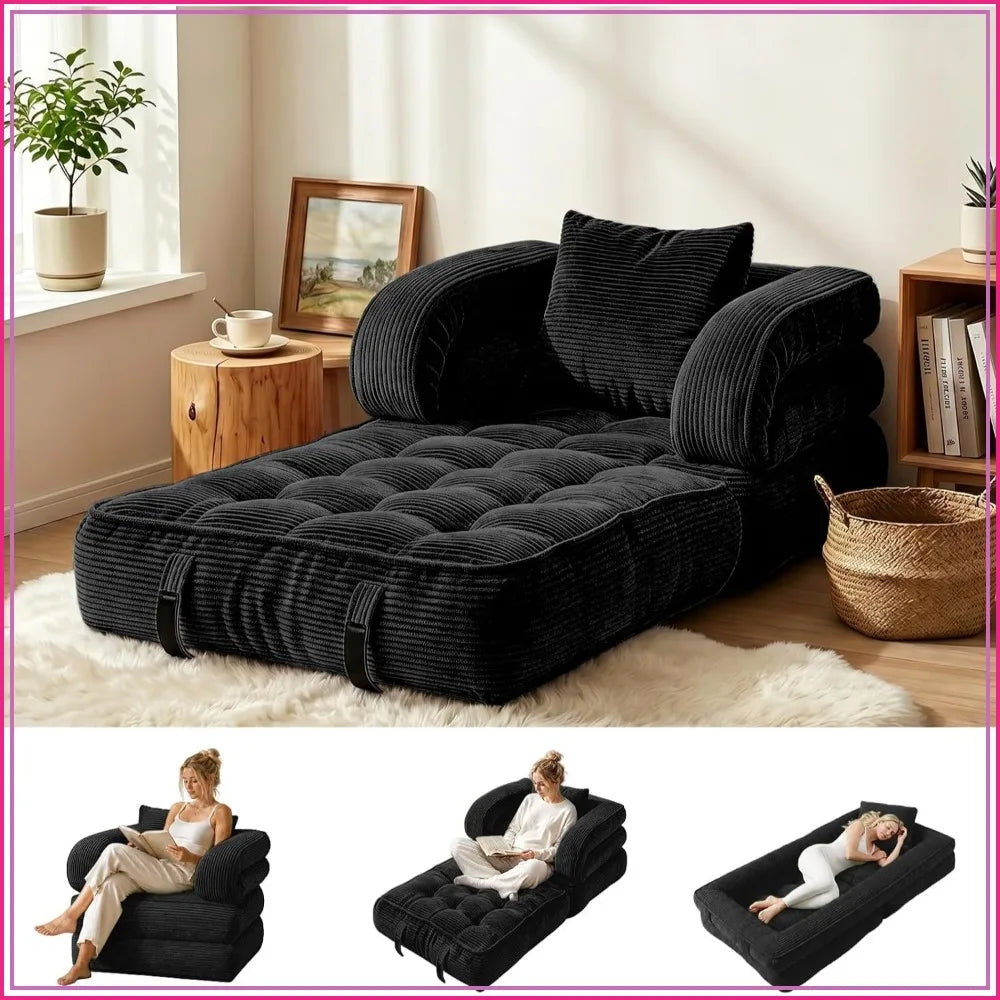 Convertible Sleeper Chair Folding Sofa Bed 3-in-1 Corduroy Futon Couch with Pillow