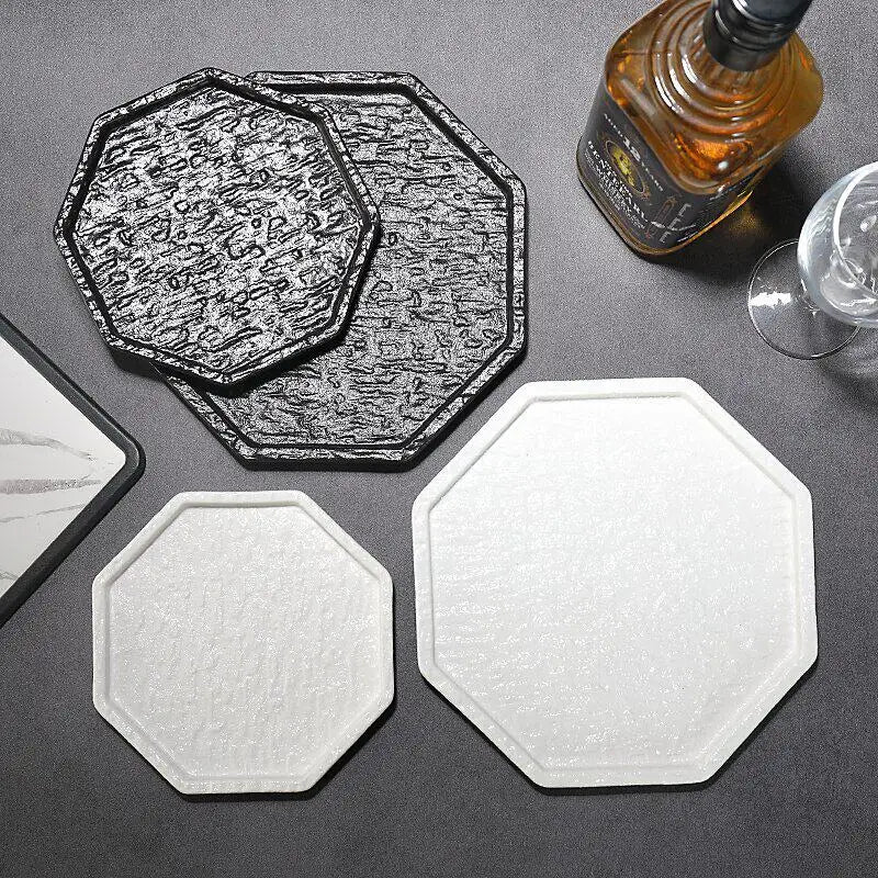 1PC Octagonal Black White Plate Luxury Light Luxury Steak Plate Western Food Dish Tableware for Home Dining Table