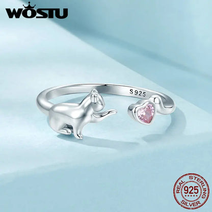 WOSTU 925 Sterling Silver Cat Pet Adjustable Rings For Women Animal Dog Open Ring Family Daughter Birthday Jewelry Girl Gift