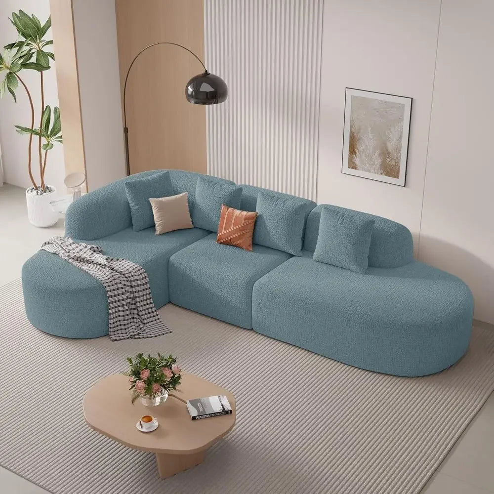 Light Blue 114 Curved Chaise Sectional Sofa, L-Shape Cloud Design, No Assembly Needed for Living Room