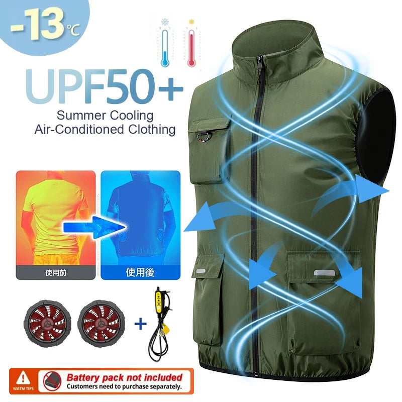 Summer Cooling 2-4 Fan Holes Fan Workwear, Unisex Short Sleeve, Outdoor Sun Protection & Cooling Vest with Built-in Fans