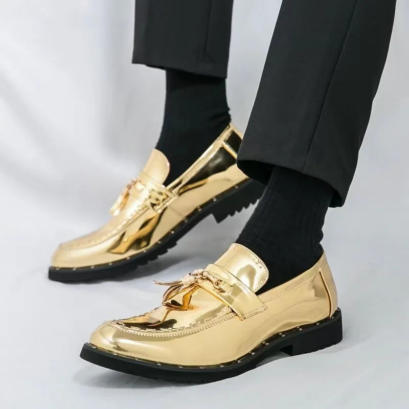 Shoes Men Casual Man Men's Summer Shine Gold Dress Patent Leather For Mens Gold Moccasins Business Pointed Bussiness Luxury