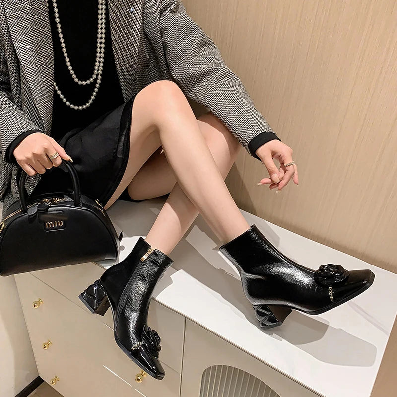2026 NEW Autumn/Winter Women Boots Square Toe high Heel Shoes Split Leather Women Shoes Elegant Ankle Boots Zip Modern Boots