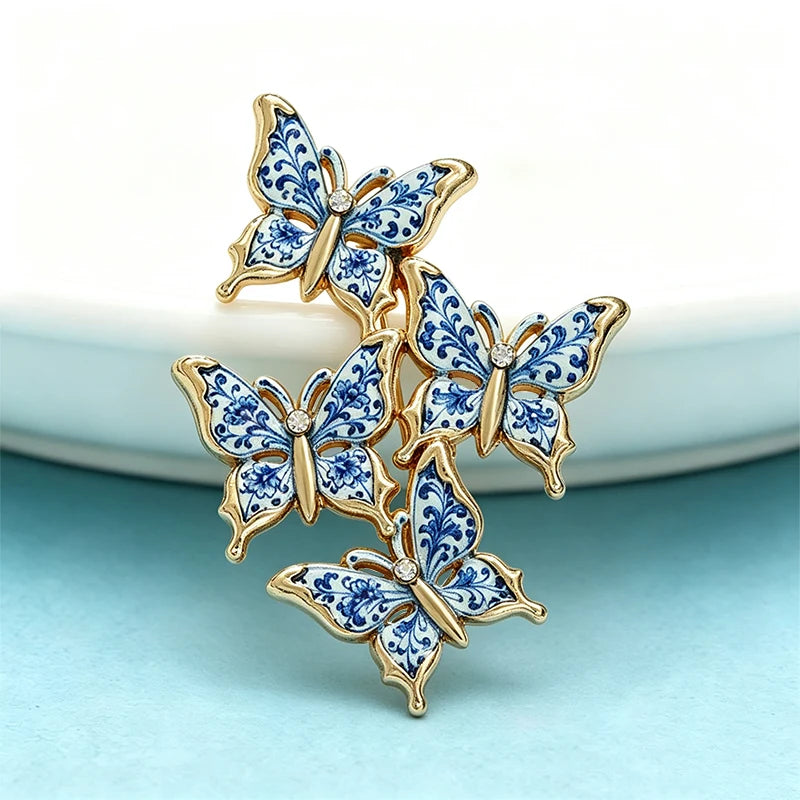 Wuli&baby Blue-and -White Porcelain Collection Animal Brooches For Women Unisex Goat Cat Butterfly Birds Party Office Brooch Pin