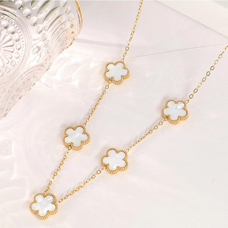 14K Gold Plated Stainless Steel Necklace Woman Five Leaf Petals Double