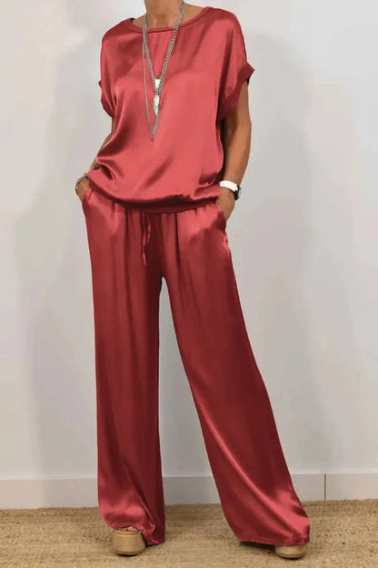 Casual Solid Color Two Piece Set Loose O-neck Short Sleeved Pullover Top Elastic Waist Wide Leg Pants Set Fashio Commuting Set