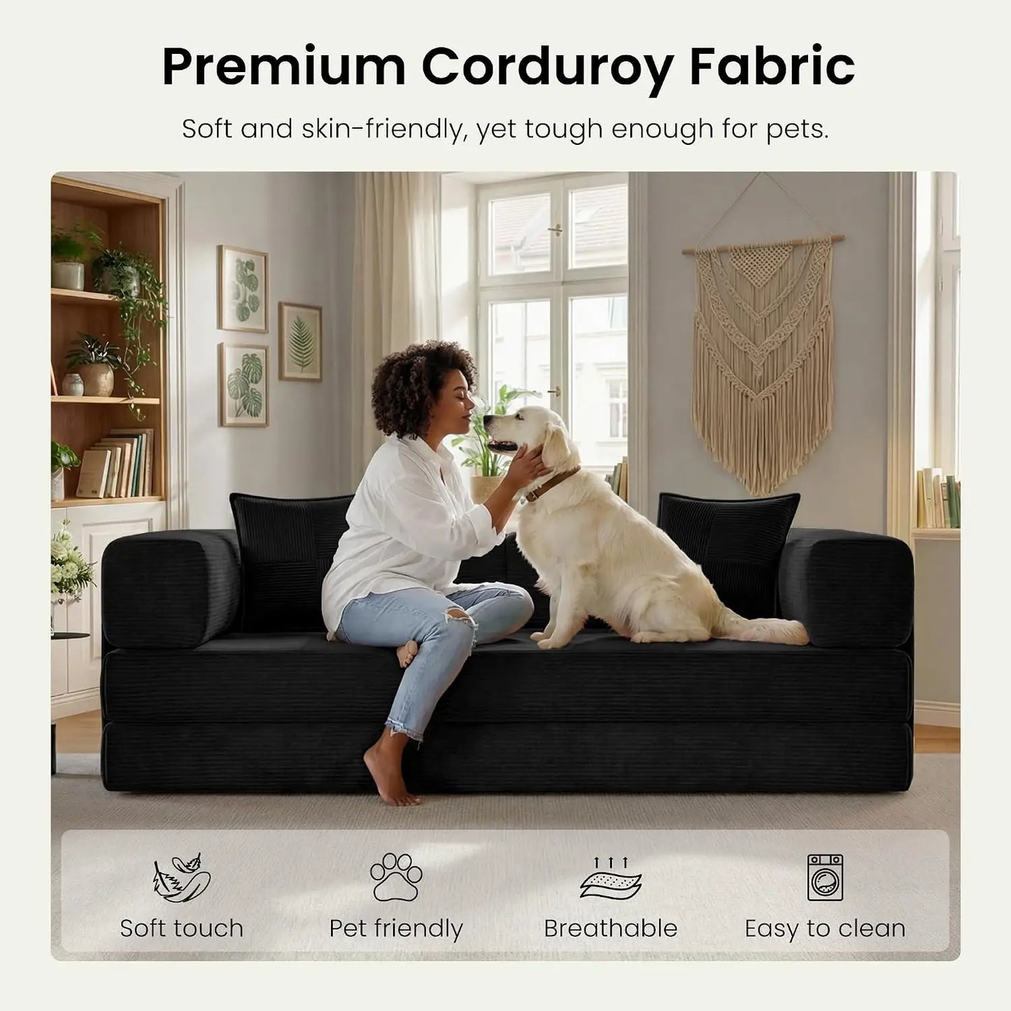 78.8" Convertible Futon Sofa Bed, Boneless Couch for Living Room | Corduroy Boneless Loveseat Sleeper Sofa, Modular, Customized