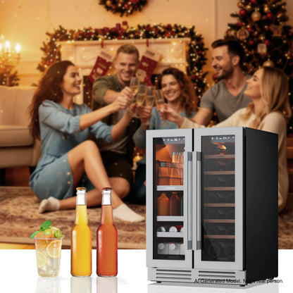 24 Inch Dual Zone Beverage Wine Fridge 60 Can 21 Bottle Glass Door  Built-In Digital Touch Control Home Office Bar