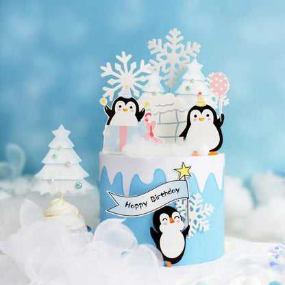 Happy Birthday Cake Topper Penguin Hat Snowflake Anniversary Cupcake Toppers Baking DIY Party Flag Baby Shower Cake Decor