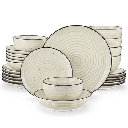 Vancasso 24/48 Piece Beige Plates Dinner Sets Ceramic Dinnerware Sets Handpainted Spiral With 6 Dinner Plate/Dessert/Soup/Bowl