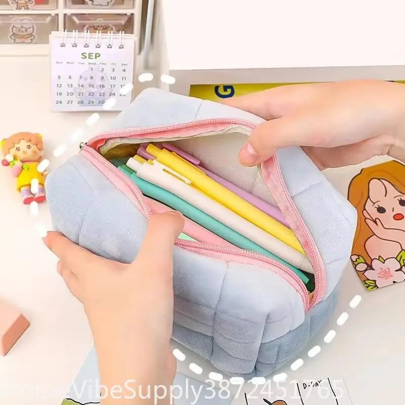Solid Furry Large Cosmetic Storage Bag Zipper Makeup Organizer Multi‑Purpose Travel Toiletry Pouch Women Handbag Stationery Pencil Case Daily Gift Supply