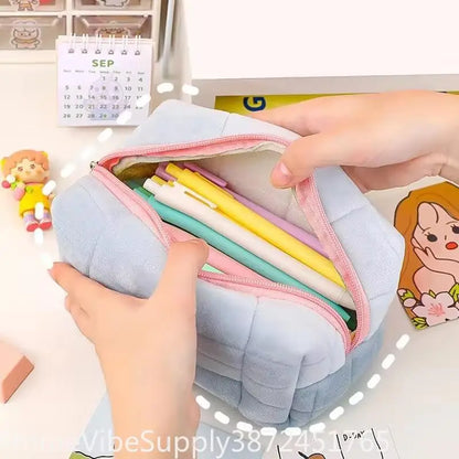 Solid Furry Large Cosmetic Storage Bag Zipper Makeup Organizer Multi‑Purpose Travel Toiletry Pouch Women Handbag Stationery Pencil Case Daily Gift Supply