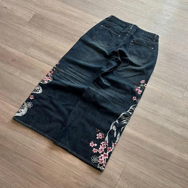 American New Fashion Cherry Blossom Letter Pattern Embroidered Baggy Jeans Women Y2K Gothic Popular Straight Wide-leg Trousers