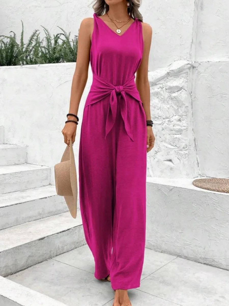 Fashion Solid Jumpsuit For Women Casual Sleeveless V Neck Lace-Up Wide Leg Pants Jumpsuits Lady Summer Holiday Womens Clothing