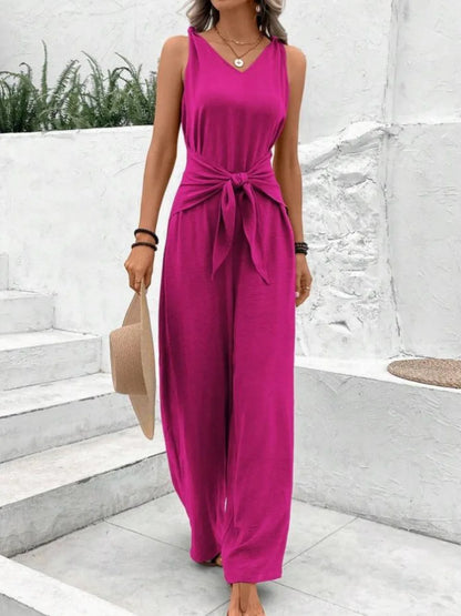 Fashion Solid Jumpsuit For Women Casual Sleeveless V Neck Lace-Up Wide Leg Pants Jumpsuits Lady Summer Holiday Womens Clothing