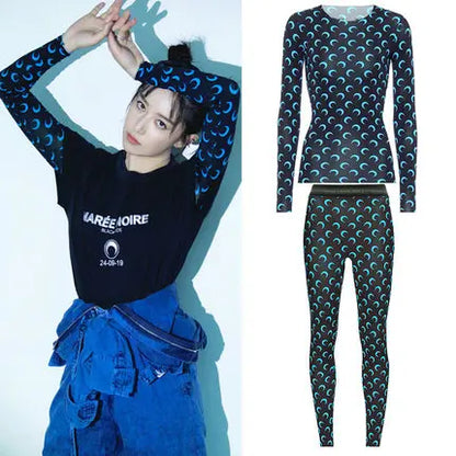 Sweet Two Piece Set Women American Retro Layered Outfit Long Sleeve Moon Print Top Ice Silk Pants Sexy Casual Autumn Fashion