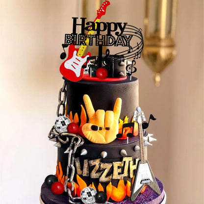 LaVenty Rock Music Cake Topper Black Red Balls Guitar Cake Toppers Music Notes Balls Cake Decoration for Musician Birthday Party