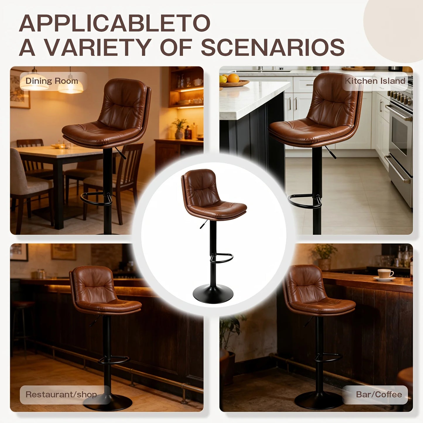 Adjustable Height Counter Height Bar Stools Set of 2,360 Swivel PU Leather Bar Chairs with Backrest Padded Seat Footrest for Kitchen Island Home Bar Restaurant