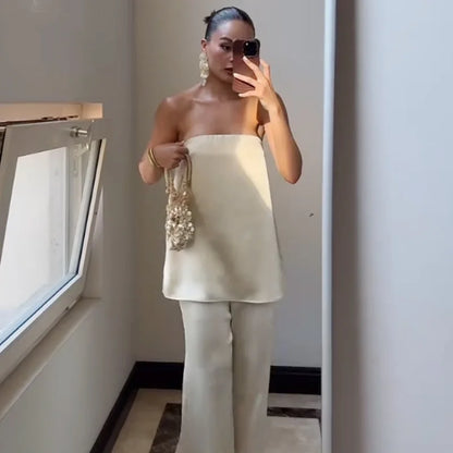 HXAO Satin Pant Sets Women's Two Pieces Set Strapless Off Shoulder Tube Vest 2 Piece Sets Woman Outfit High Waist Trousers Sets