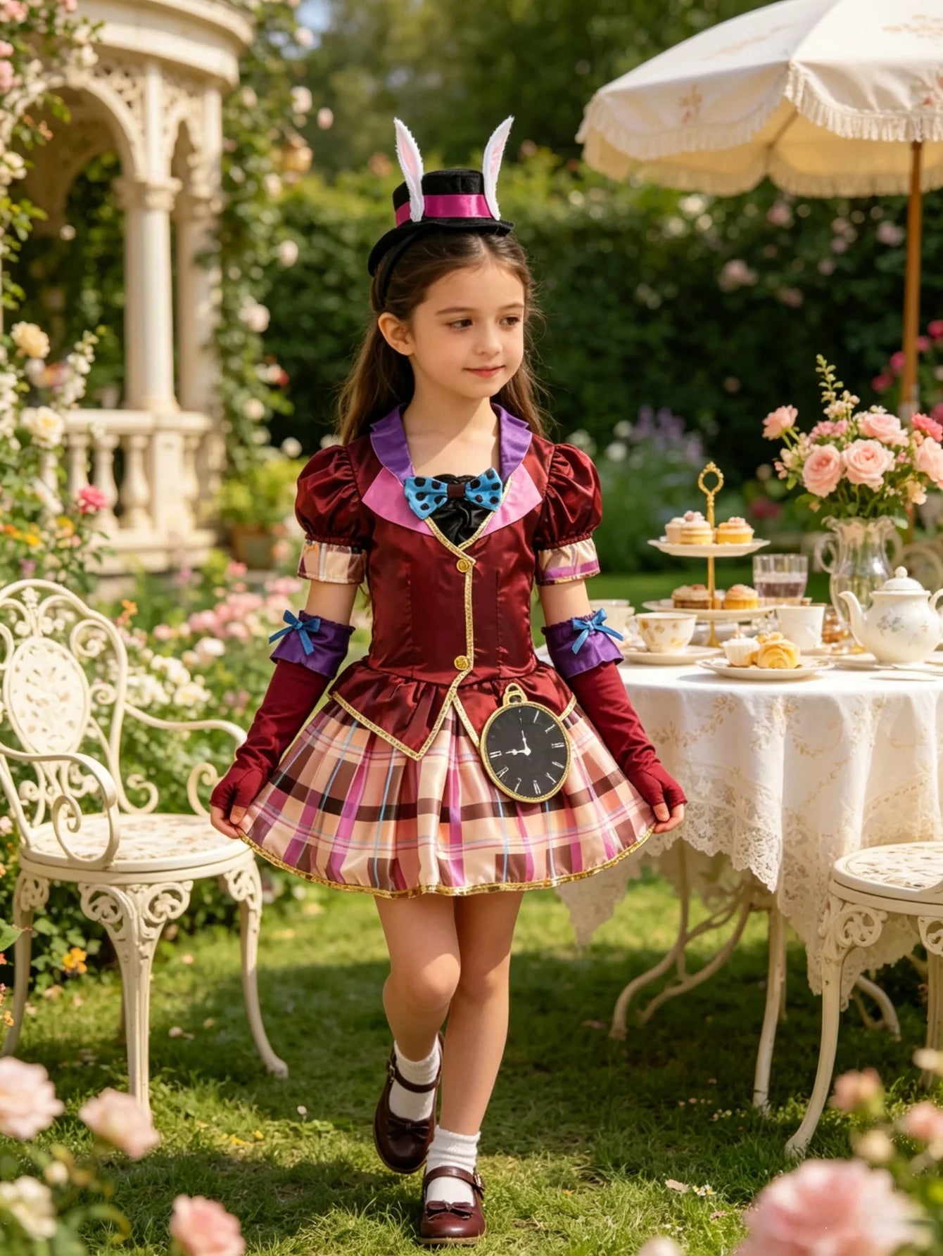 Girls fancy dress costume set includes plaid dress, bow tie, long arm sleeves and bunny ear top hat headband for Halloween and theme party dress up