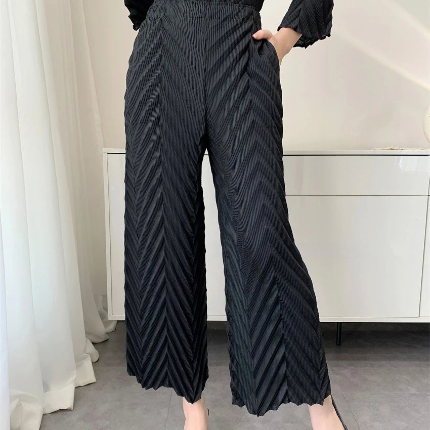 2026 Spring New Women Handmade Pleated Pants Set Comfortable Casual Seven Sleeve T-Shirt Top Loose Wide Leg Pants 2 Piece Set