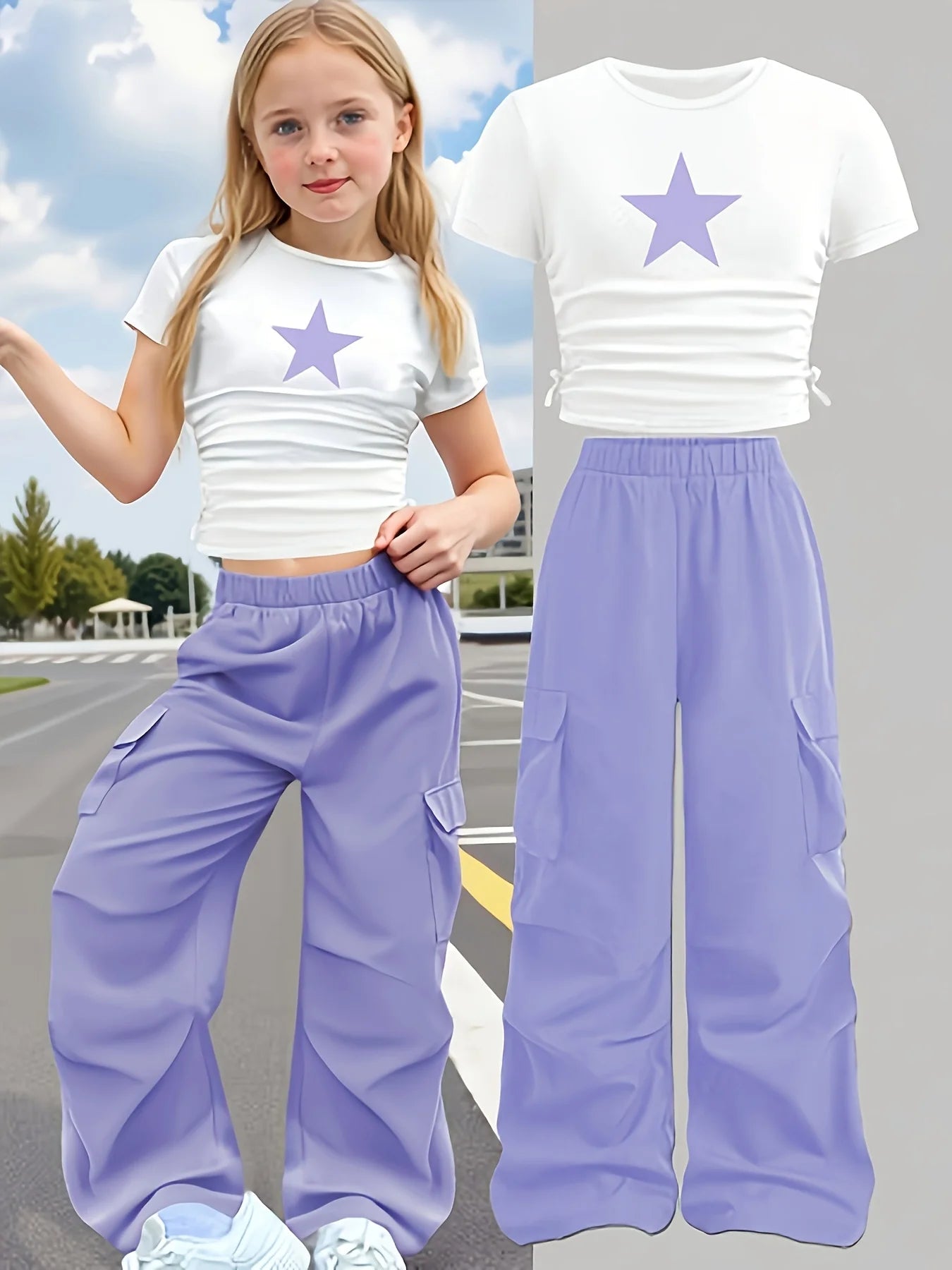 New Summer 2-Piece Set: Star-Print Slim-Fit Crew-Neck Short-Sleeve T-Shirt & Wide-Leg Pants (Stylish Casual Set for Girls)