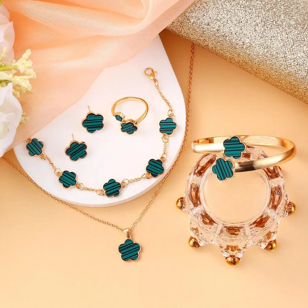 5 Pcs Set Jewelry Stainless Steel Five Leaf Clover Bracelets For Women Elegance French Niche Necklaces Bracelets Earrings