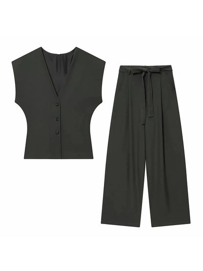 Women Fashion 2-Piece Set Single-breasted Sleeveless V-Neck Pinstripe Vest+Summer Pleated Loose Pocket Belt Zipper Pants