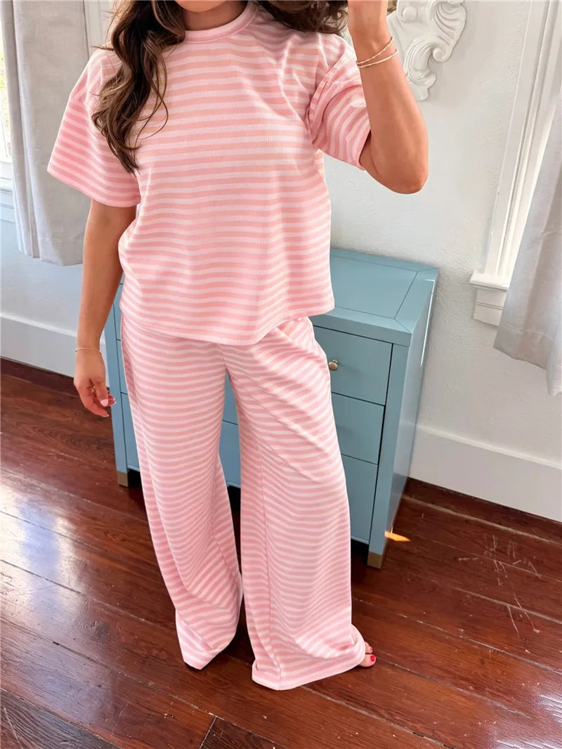 Women Y2K Striped Two Piece Outfit Summer Basic Short Sleeve Crew Neck Top and Wide Leg Pants Set Casual Loungewear Homewear