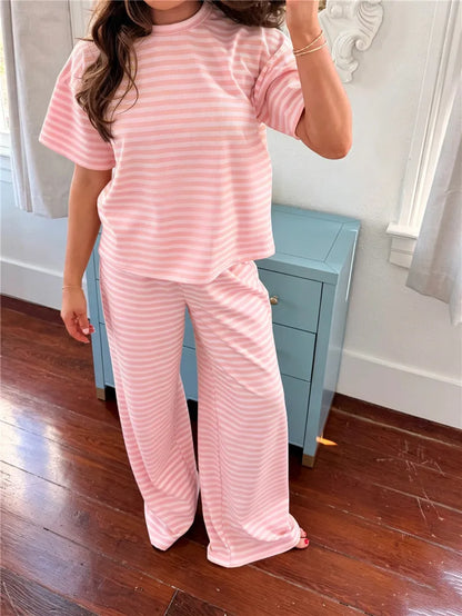 Women Y2K Striped Two Piece Outfit Summer Basic Short Sleeve Crew Neck Top and Wide Leg Pants Set Casual Loungewear Homewear