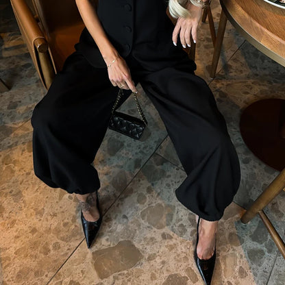 Elegant Short Sleeve Top Pants Set Women's Solid Single-breasted O Neck Waist-cinching Tops Loose Lantern Trousers 2026 Outfits