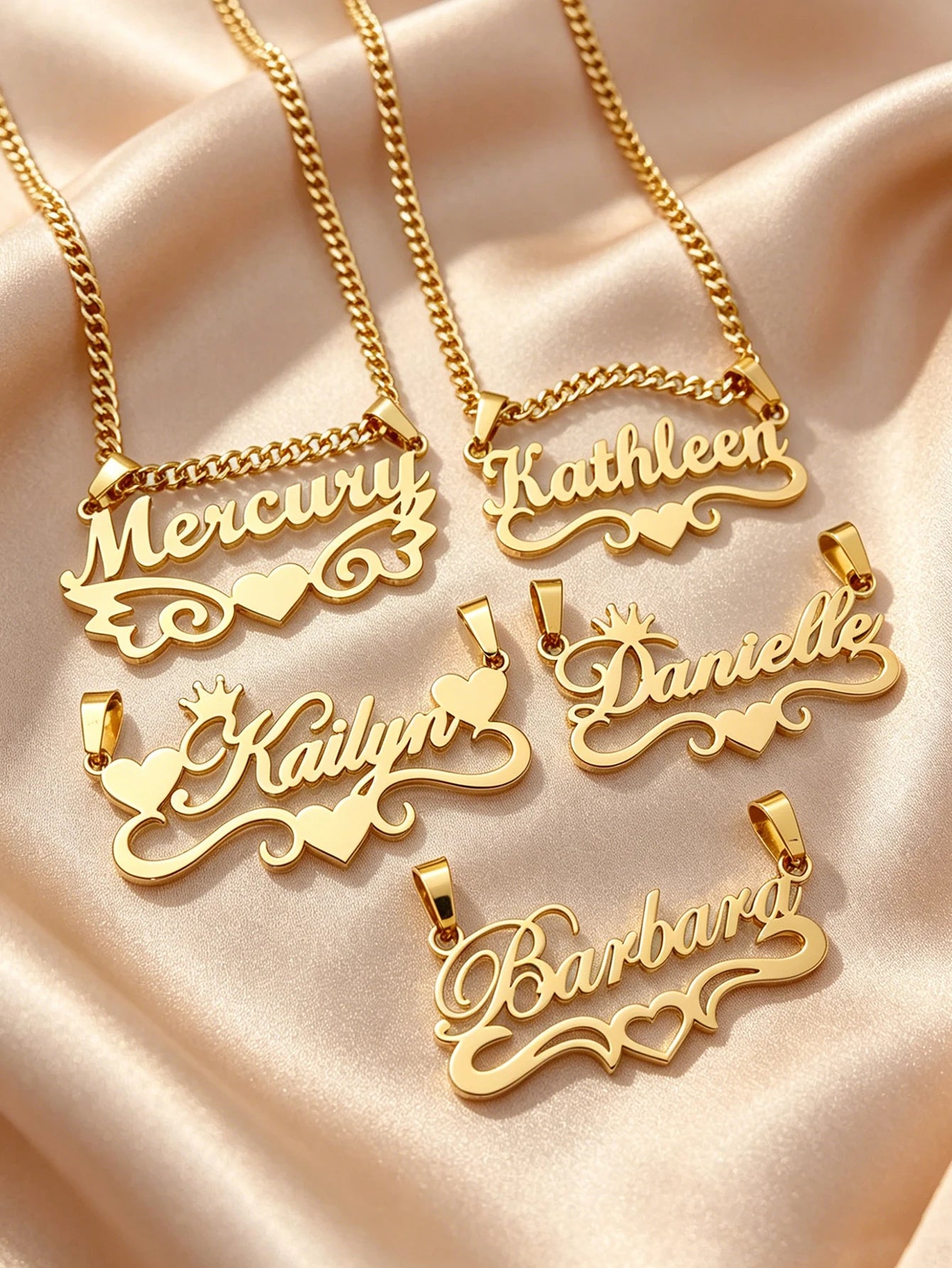Personalized custom name jewelry necklace, featuring 5 different styles, crafted from 18k gold stainless steel, perfect for ever