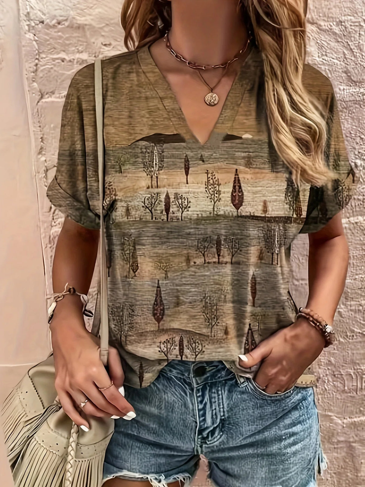 Plus Size Women's V-Neck Fold Sleeve T-Shirt - Ethnic Floral Print Loose Fit Blouse, Fashionable & Elegant Summer Casual Top