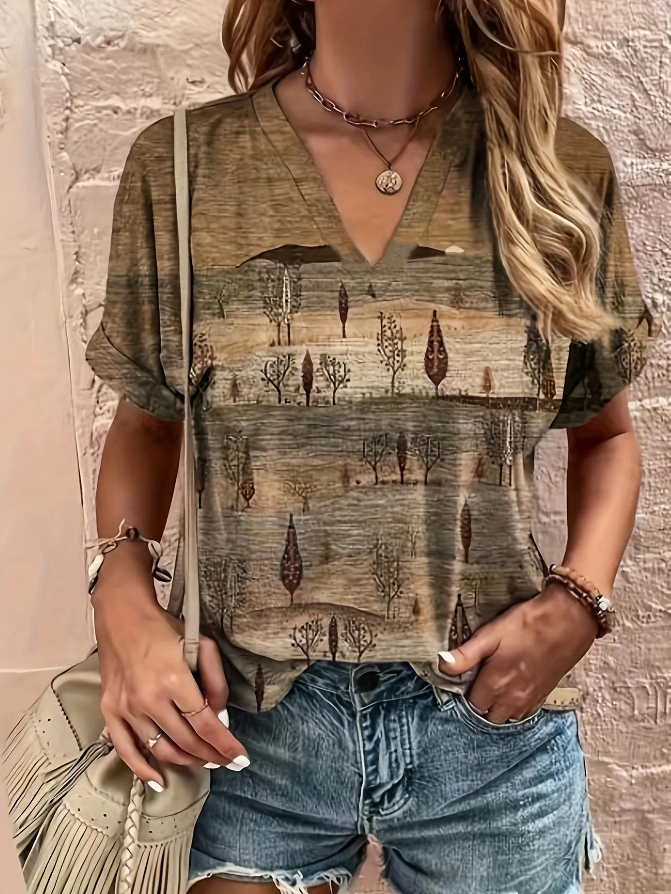 Plus Size Women's V-Neck Fold Sleeve T-Shirt - Ethnic Floral Print Loose Fit Blouse, Fashionable & Elegant Summer Casual Top