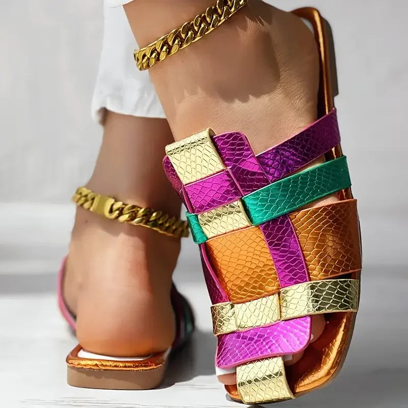 Summer Colorful Fashionable Sexy Casual Soft Luxurious Square Toe Hollow Roman Flat Shoes Model Vacation Comfortable Slippers