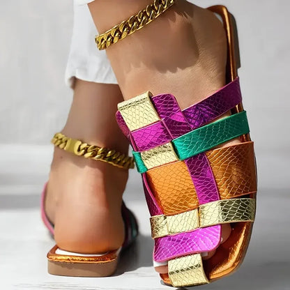 Summer Colorful Fashionable Sexy Casual Soft Luxurious Square Toe Hollow Roman Flat Shoes Model Vacation Comfortable Slippers