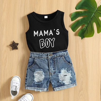 VISgogo Baby Boys Casual Clothes Set Letters Print Sleeveless Tank Top with Ripped Denim Shorts 2Piece Summer Outfit