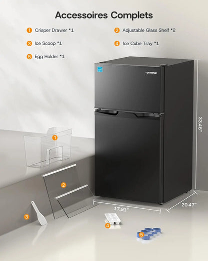 3.1 Cu.Ft Mini Fridge with Freezer, Double Door Small Refrigerator, Adjustable Thermostat, Energy Star Certified Low, Custom