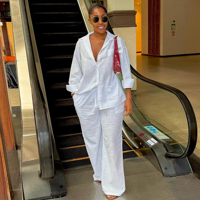 Solid Women Pant Sets Two Pieces Matching Set Elastic Waist Wide Leg Pants Long Sleeves Shirt Loose Elegant Casual 2025 Spring