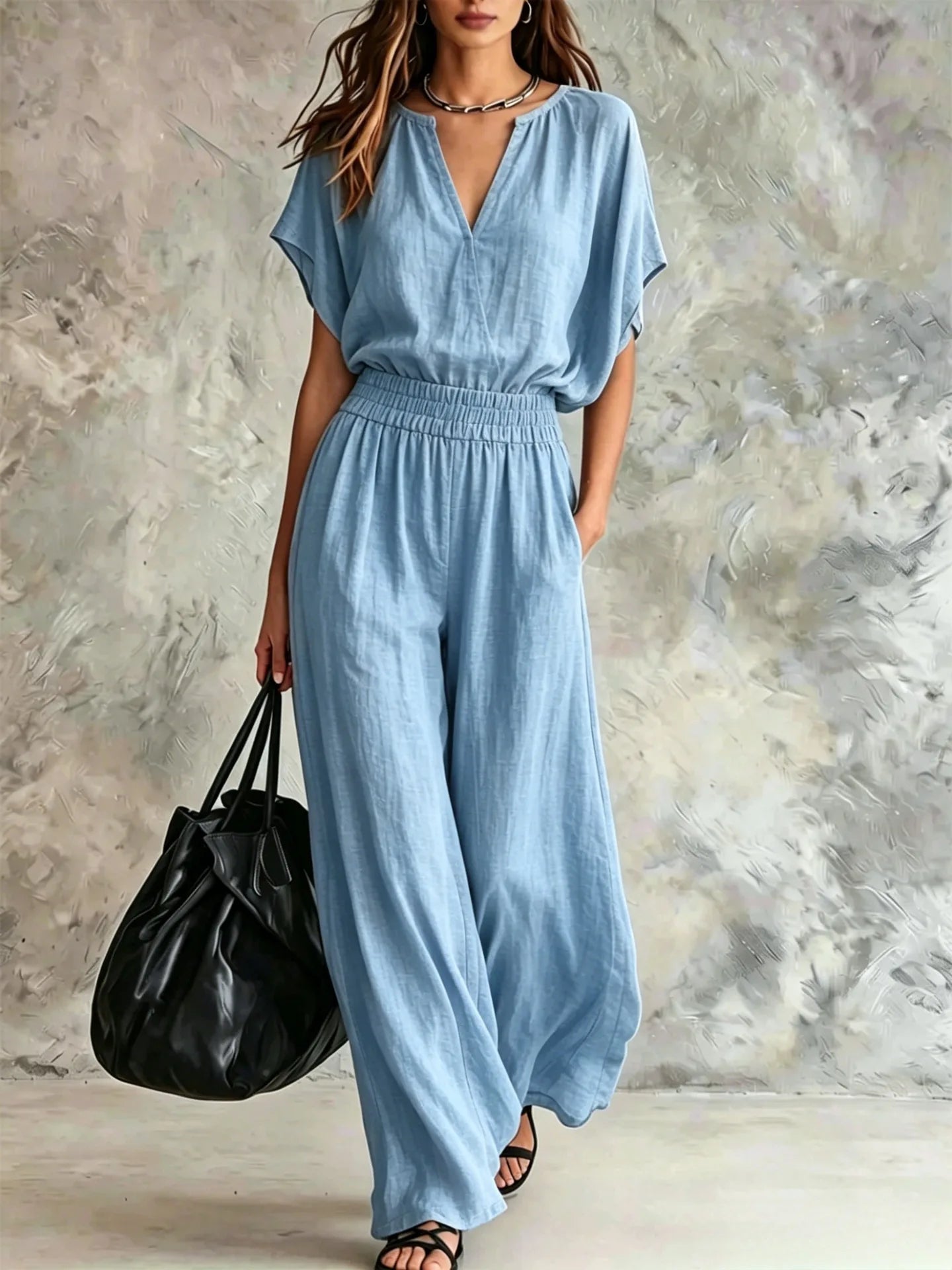 Women Casual Cotton Linen 2 Piece Outfit Summer Loose V Neck Short Sleeve Top Elastic High Waist Wide Leg Pants Set With Pockets